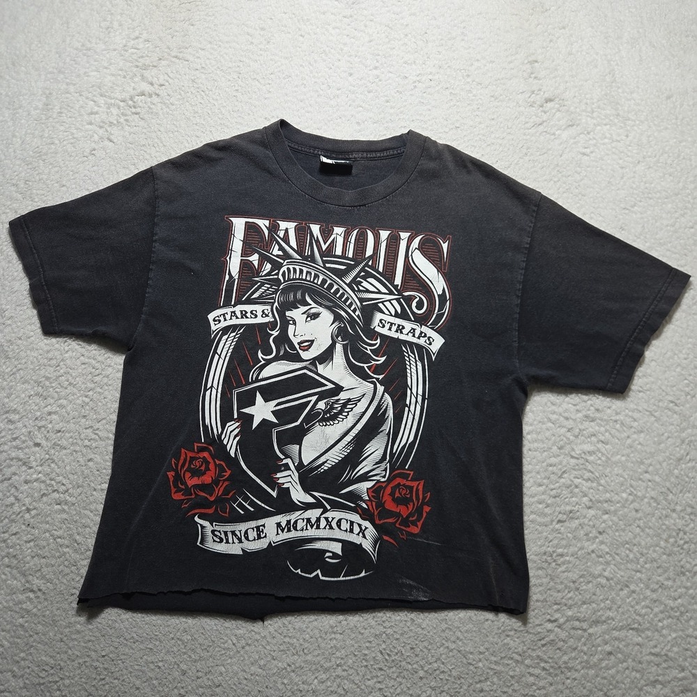 VTG Famous Stars & Straps Shirt Mens Large Statue Liberty‎ Roses Faded Cropped